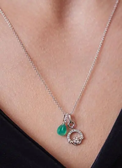 Sterling Silver & Green Agate Claddagh Charm Pendant with Cubic Zirconia